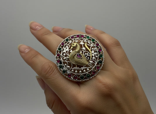 809588 Oxidised Adjustable Ring With 2 Tone Plating