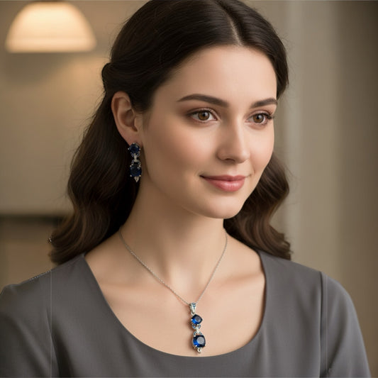 92509-PS-American Diamond Delicate Pendant Set With Rhodium Plating-Blue