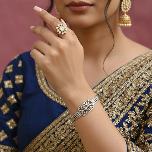 439749 Cubic Zirconia Adjustable Bracelet With Rhodium 2 Tone Plating-Silver