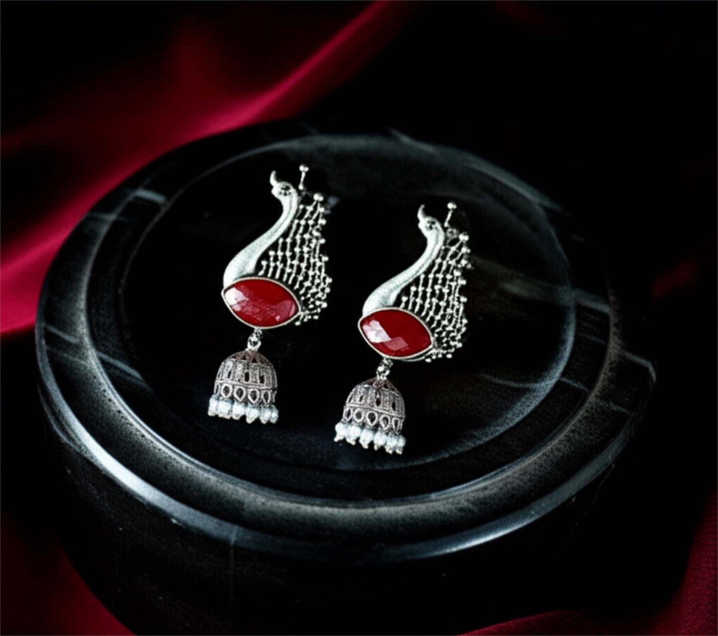 92209-ERO Pretty Precious Fashion Oxidised Silver Stylish Party Wear Earrings for Women and Girls-Ruby