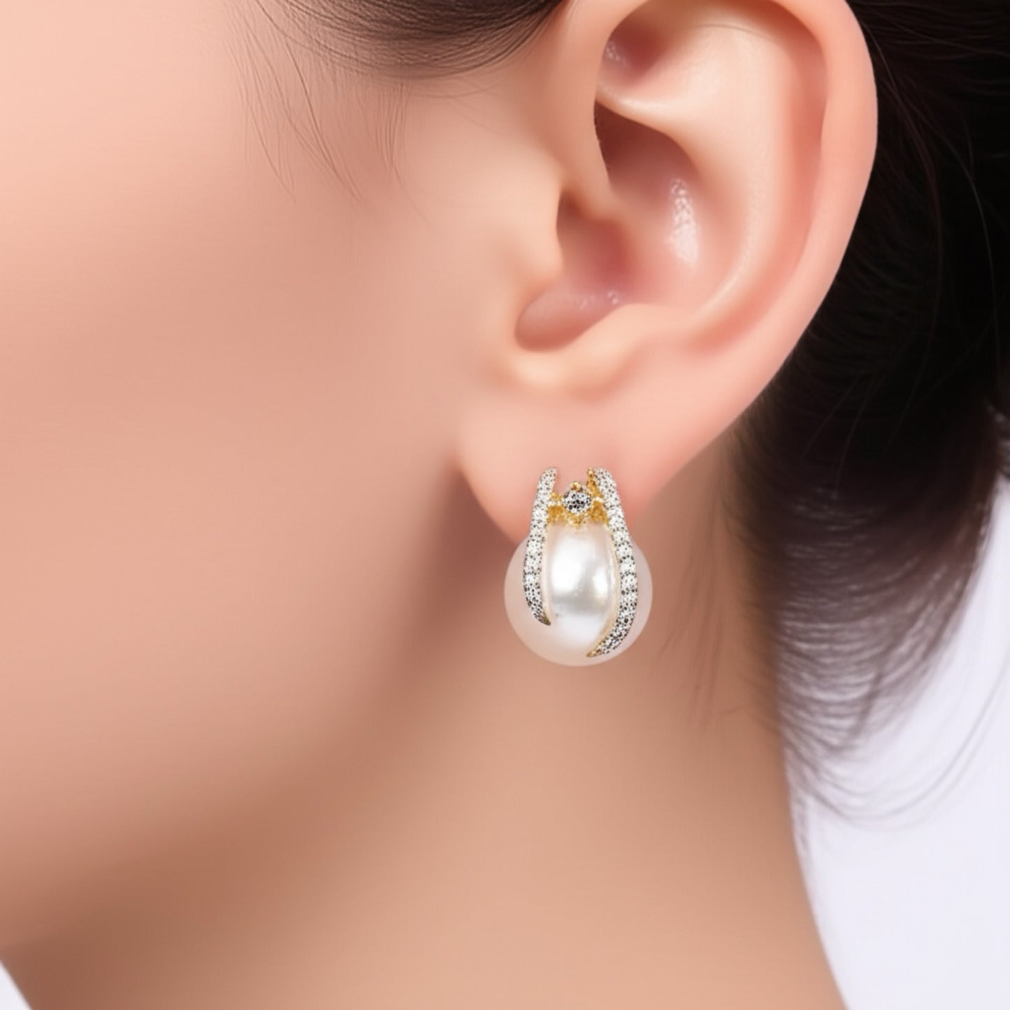 435168 Cubic Zirconia Pearl Earring With 2 Tone Rhodium Plating