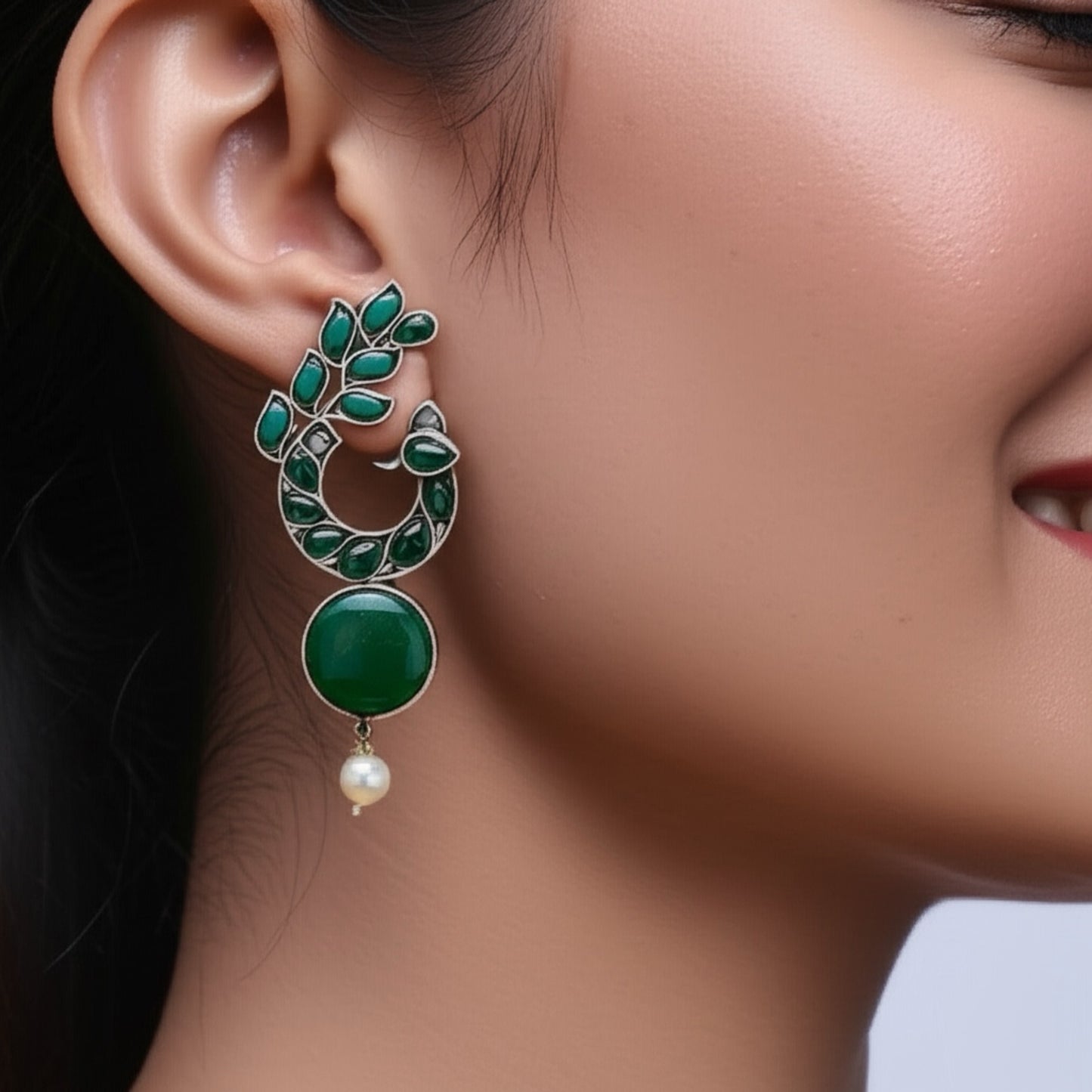 806913 Peacock Jhumki With Oxidised Plating-Green