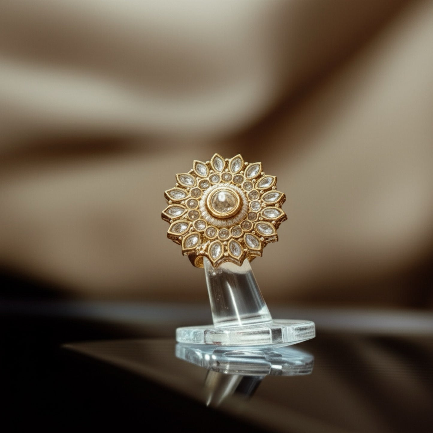 109842- Indo Western Adjustable Ring With Gold Plating-White (Copy)