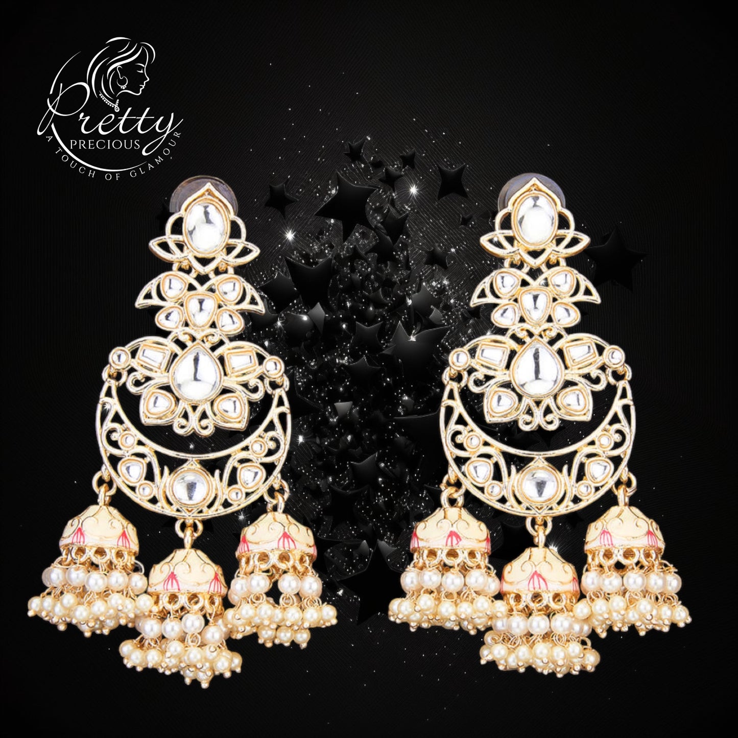 109444 Indo Western Chand Earring With Gold Plating-White