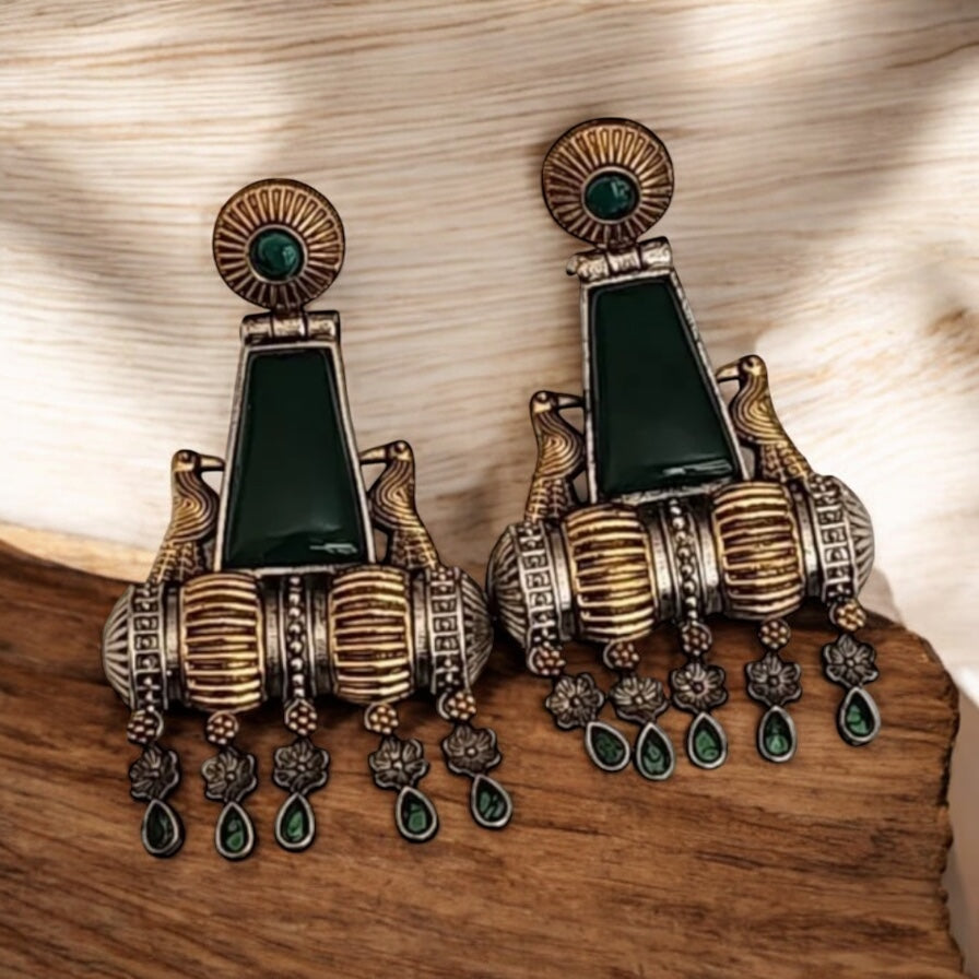 OXE-35425 Pretty Precious Fashion Oxidised Silver Stylish Party Wear Earrings for Women and Girls-Green