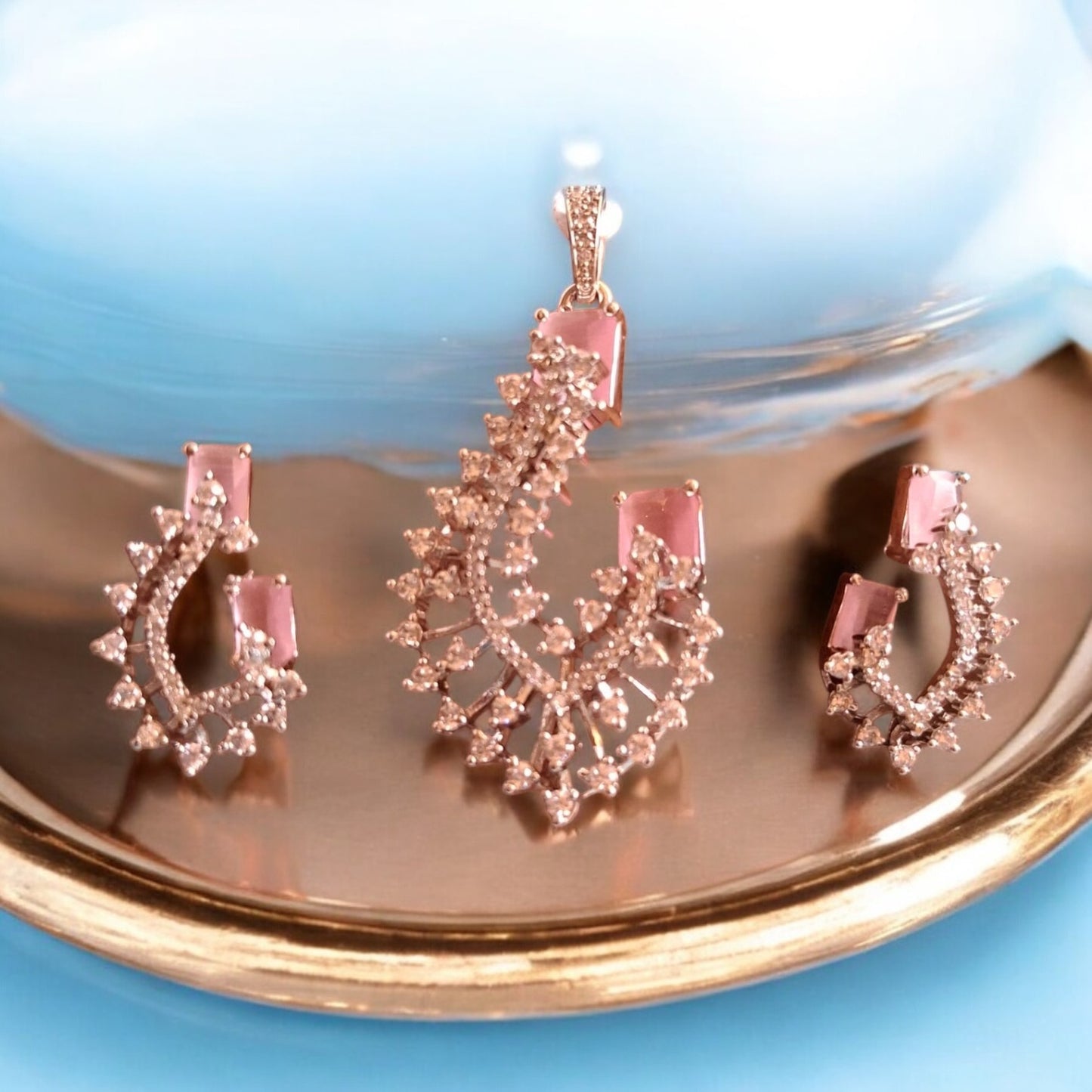 435238-American Diamond Delicate Pendant Set With Rhodium Plating-Pink