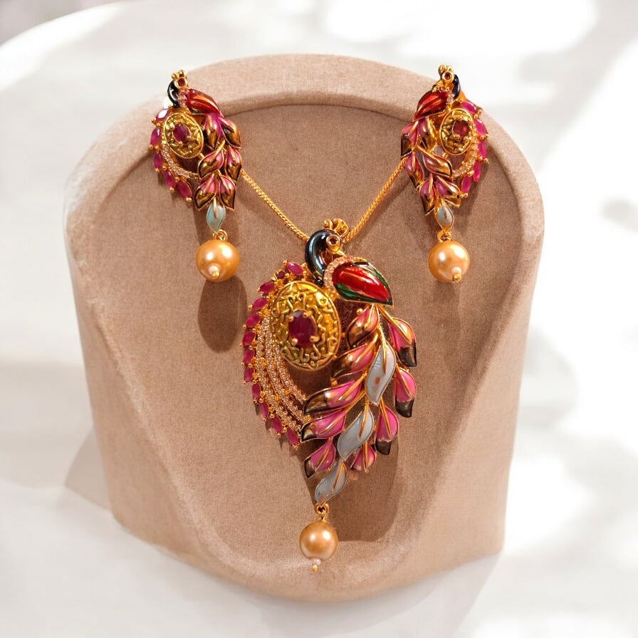 96409-PS-American Diamond Delicate Pendant Set With Gold Plating with Meenakari