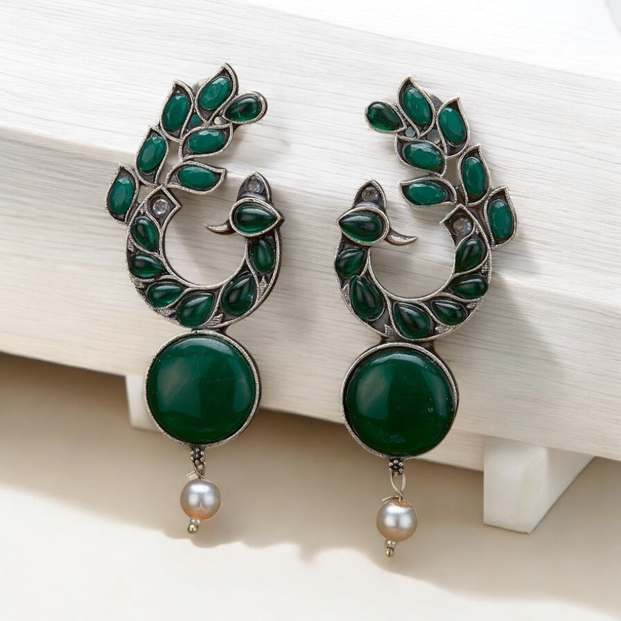 806913 Peacock Jhumki With Oxidised Plating-Green