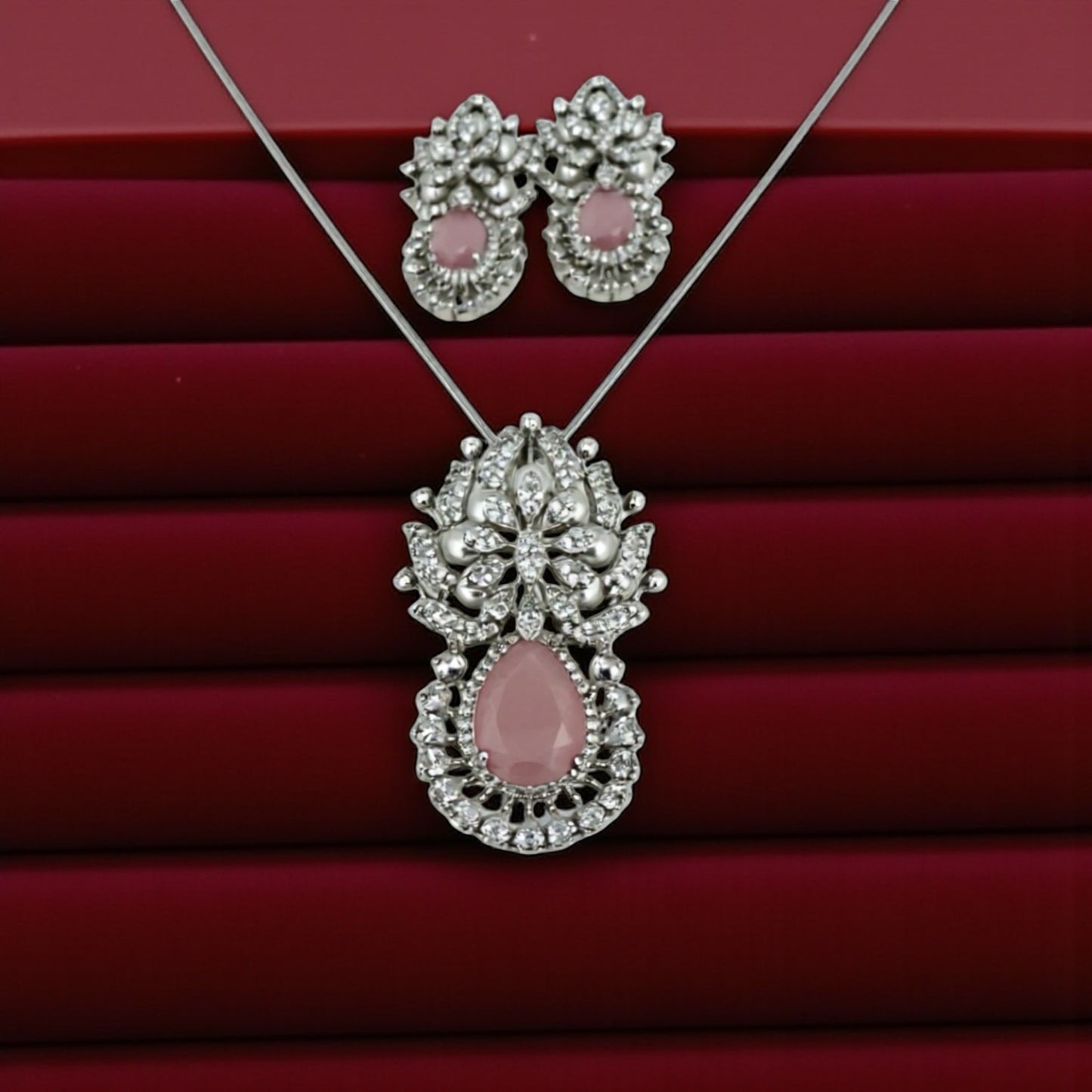 97459-PS-American Diamond Delicate Pendant Set With Rhodium Plating-Pink Moti