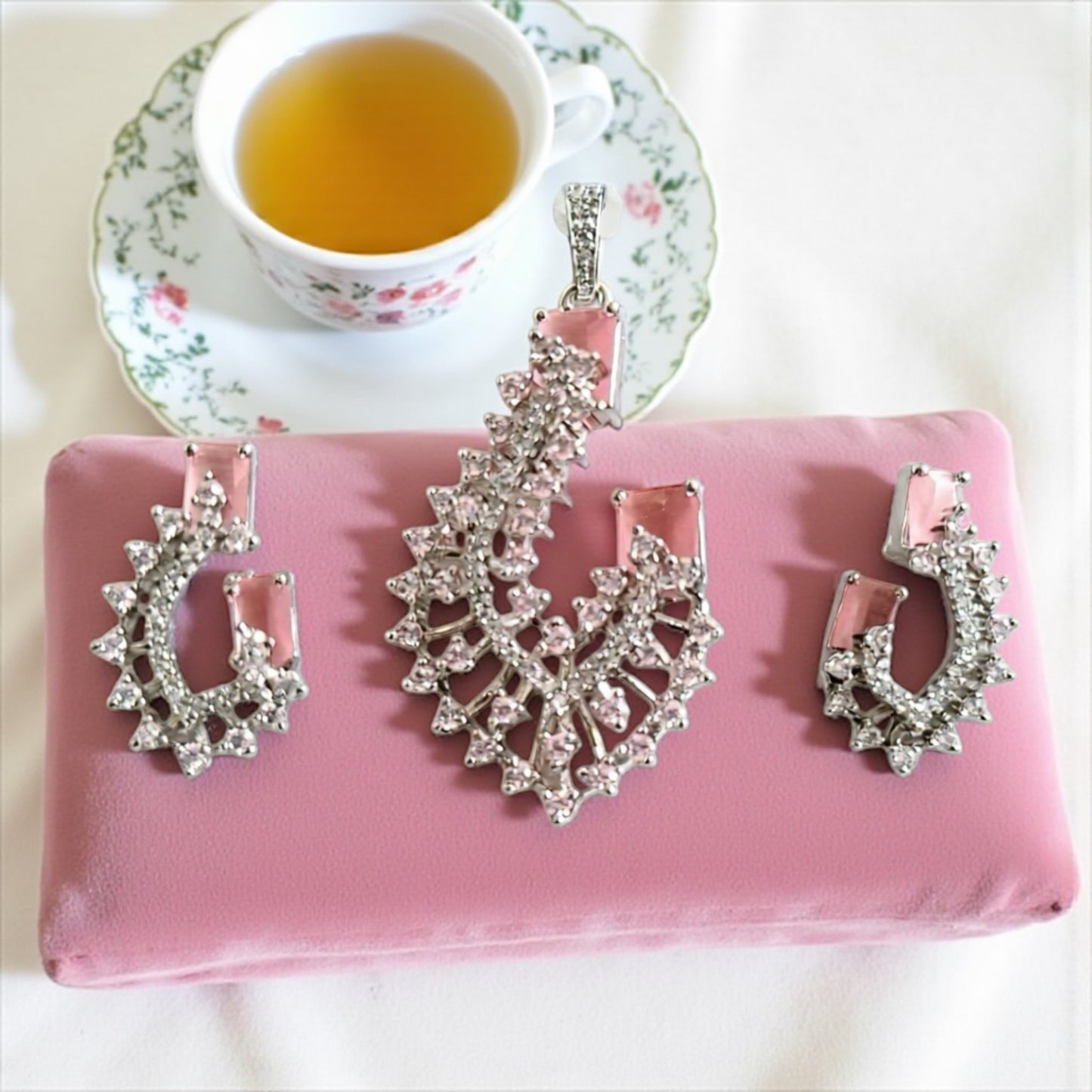 435238-American Diamond Delicate Pendant Set With Rhodium Plating-Pink