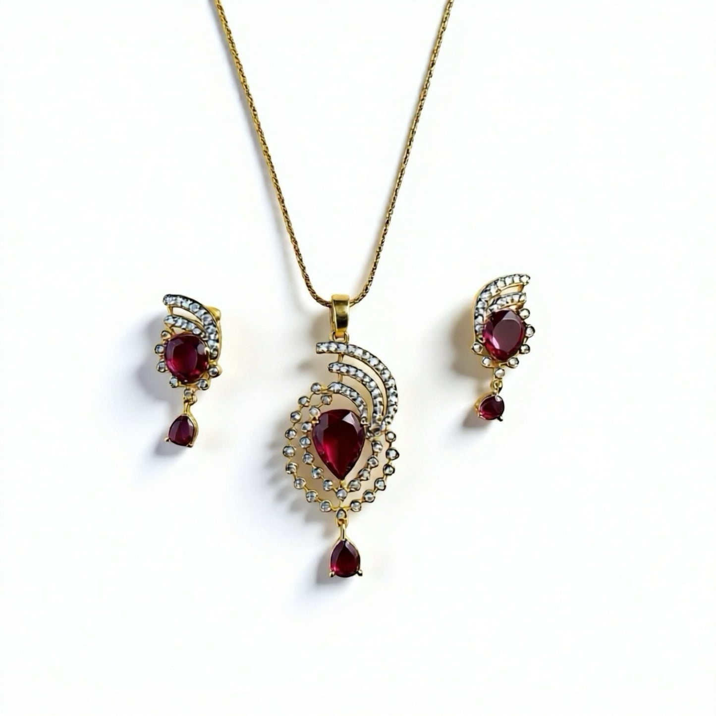 1058-American Diamond Delicate Pendant Set -Ruby