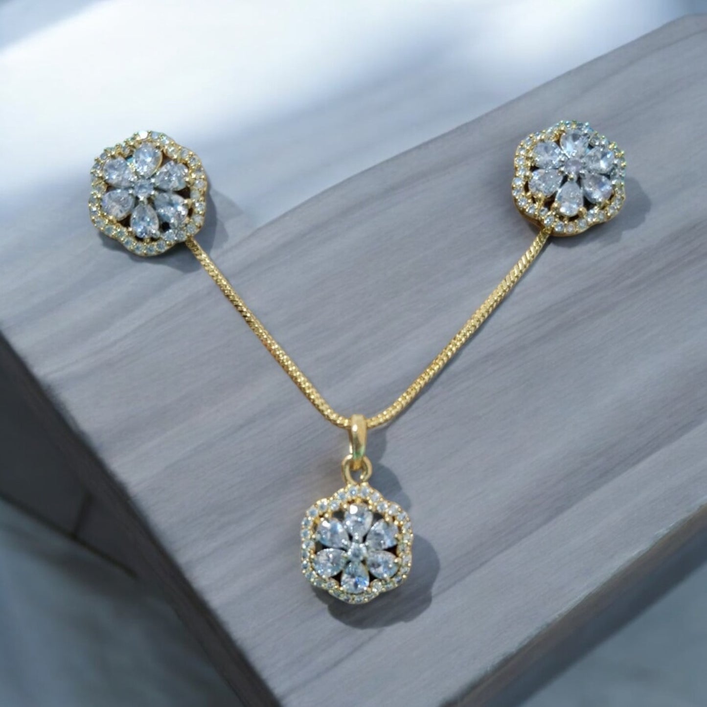 91609-PS-American Diamond Delicate Pendant Set With Gold Plating-Design 2