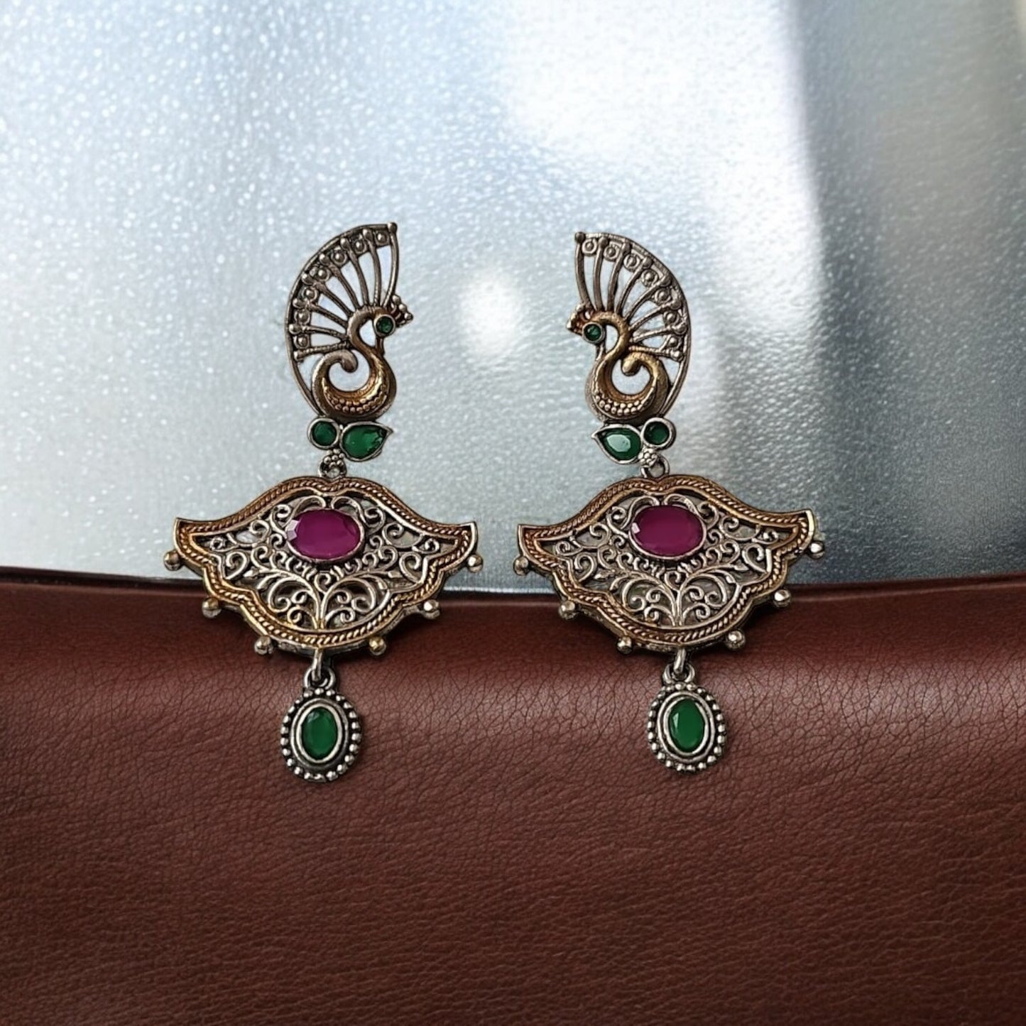 808915 Pretty Precious Fashion Oxidised Silver Stylish Party Wear Earrings for Women and Girls-Rubygreen