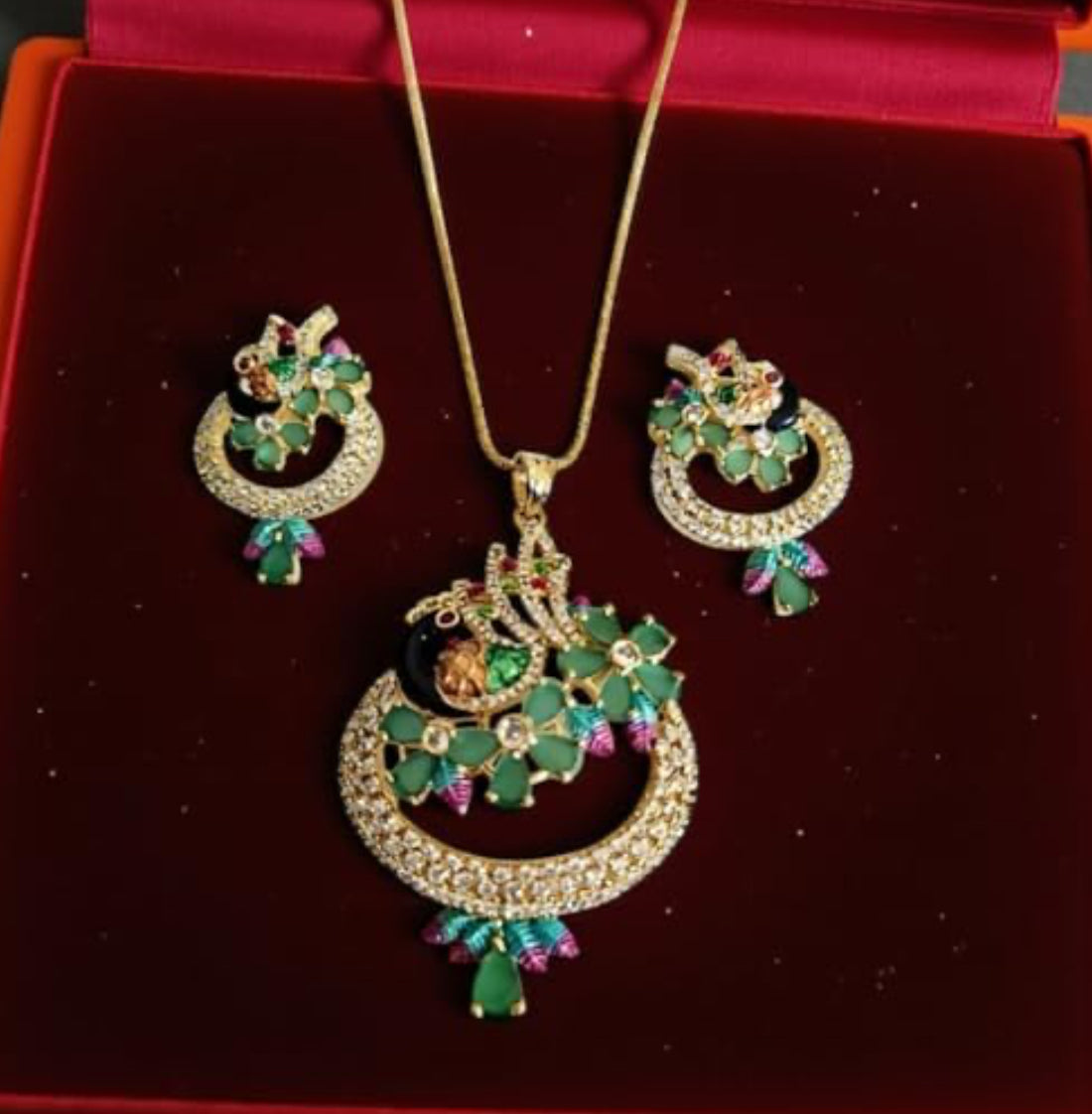97659-PS-American Diamond Delicate Pendant Set With Gold Plating with Meenakari Green - Ruby