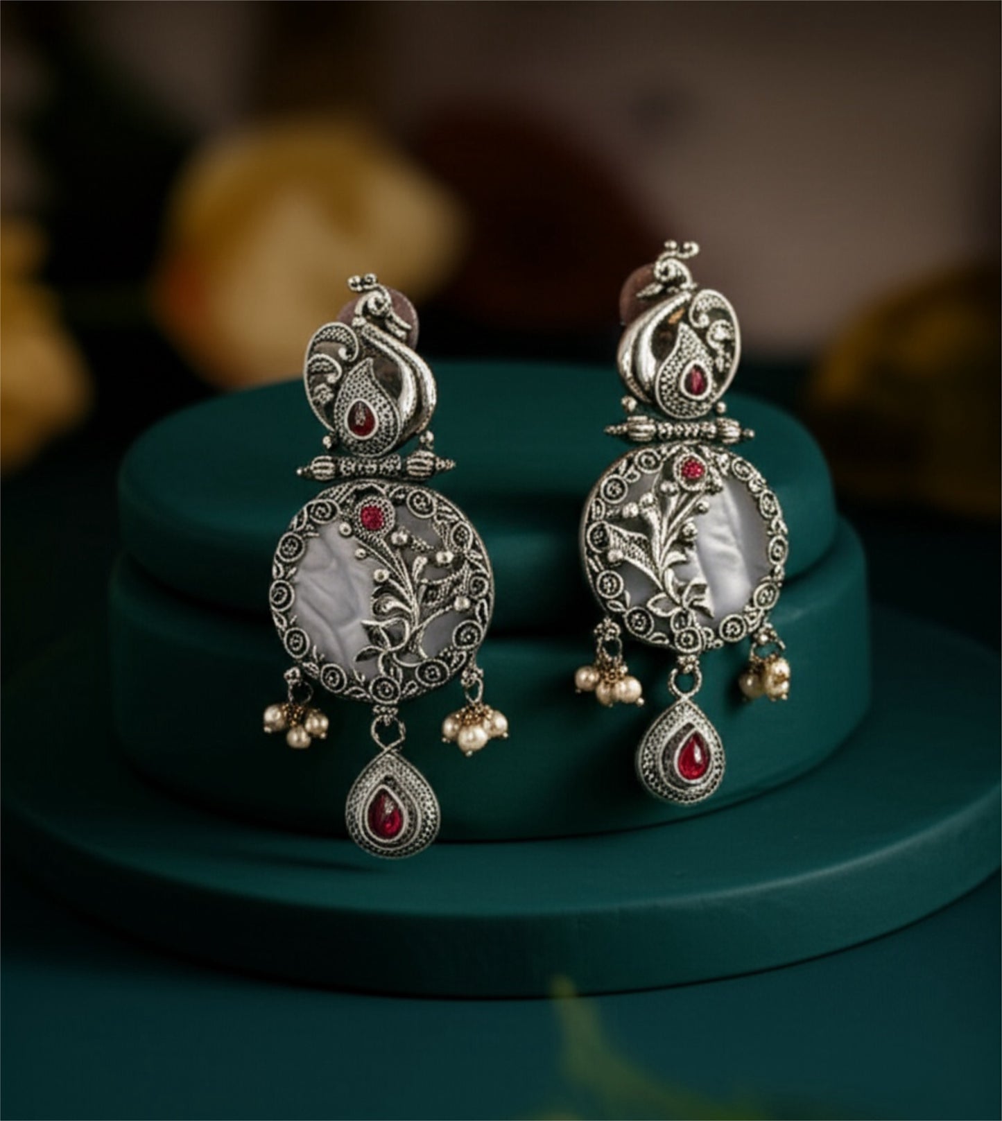 807198 Peacock Earring With Oxidised Plating-Ruby