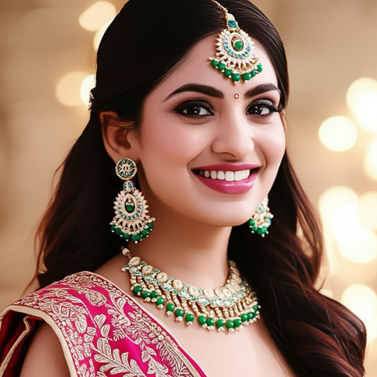 110784 Indo Western Kundan Necklace With Gold Plating-Green