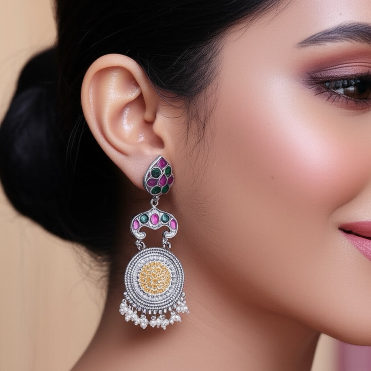 804551 Oxidised Classic Earring With 2 Tone Plating-Multi