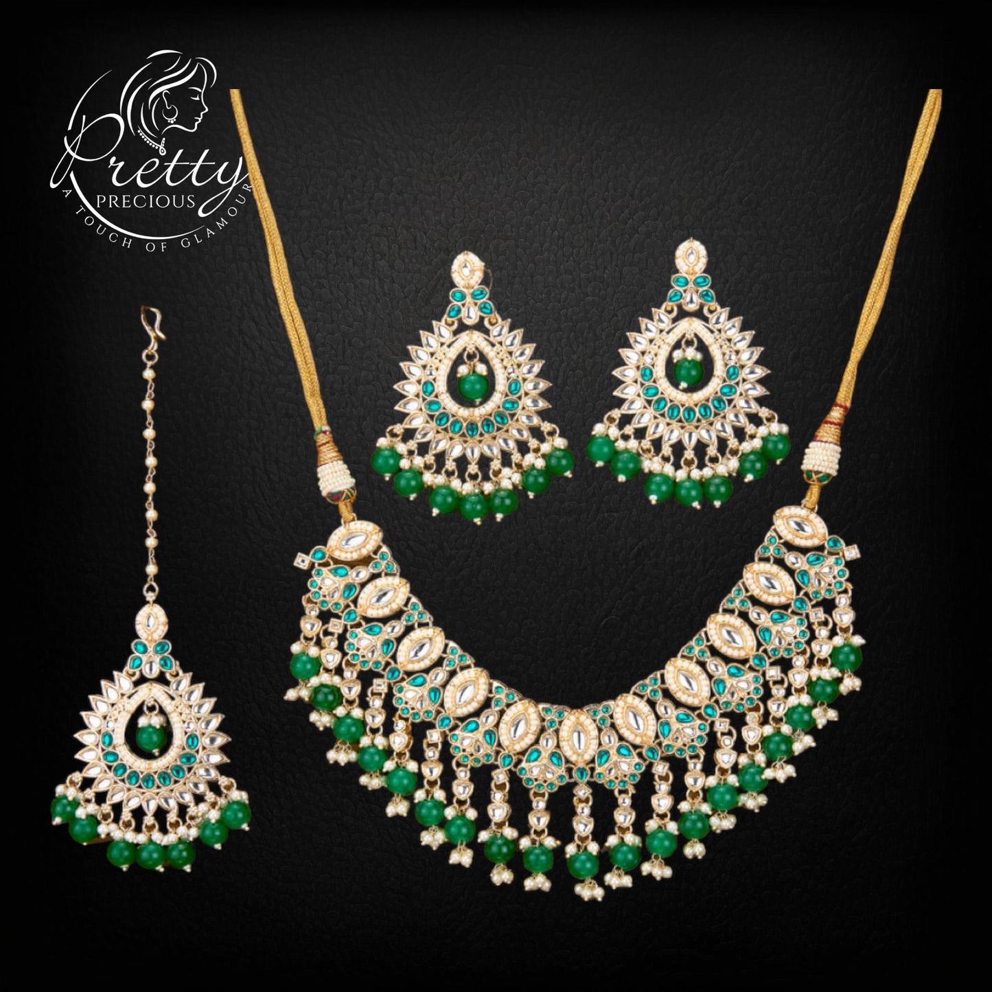 110784 Indo Western Kundan Necklace With Gold Plating-Green