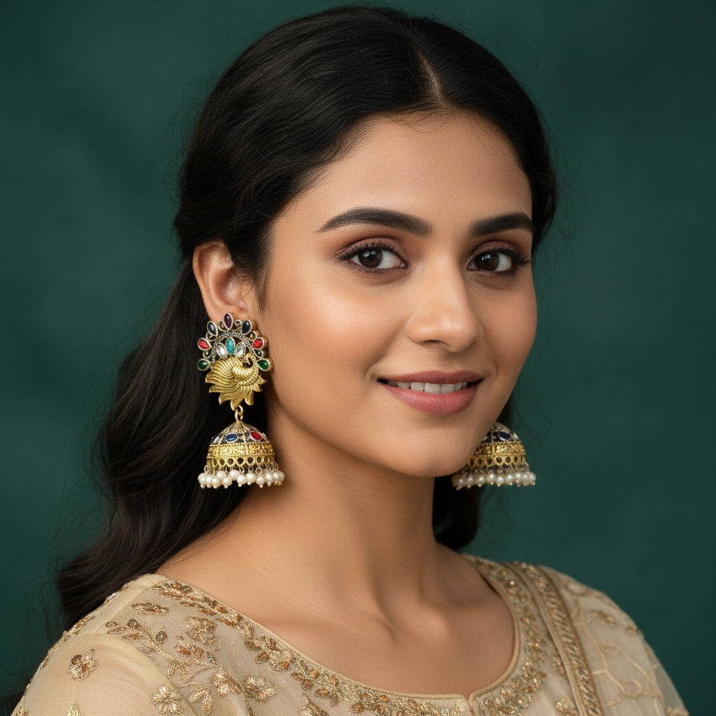 809680 Oxidised Peacock Earring With 2 Tone Plating-Multi