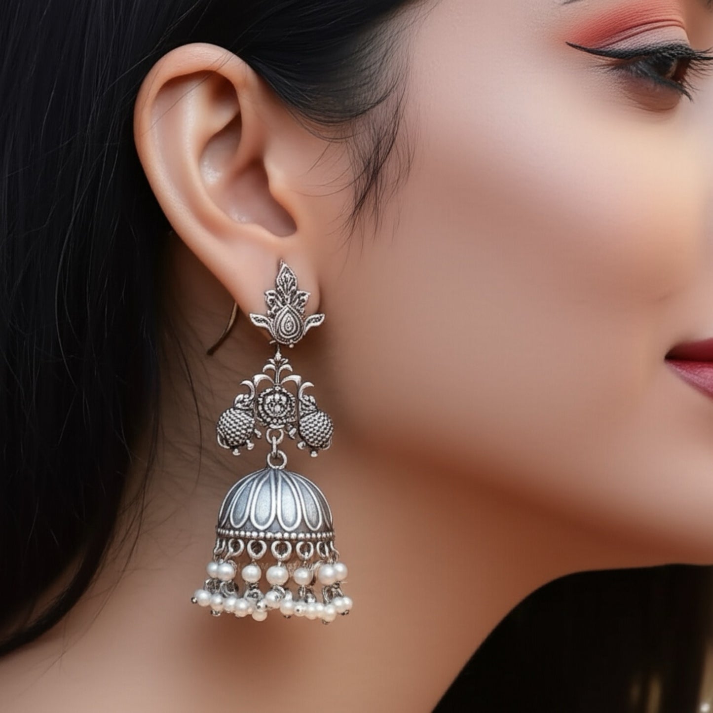 92999-ERO Pretty Precious Fashion Oxidised Silver Stylish Party Wear Earrings for Women and Girls-Jumki