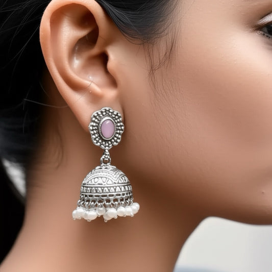 35105 Pretty Precious Fashion Oxidised Silver Stylish Party Wear Earrings for Women and Girls-Pink