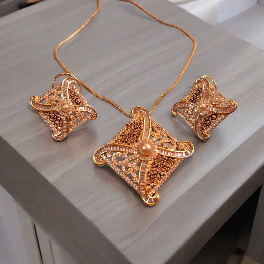 96209-PS-American Diamond Delicate Pendant Set With Gold Plating with Meenakari