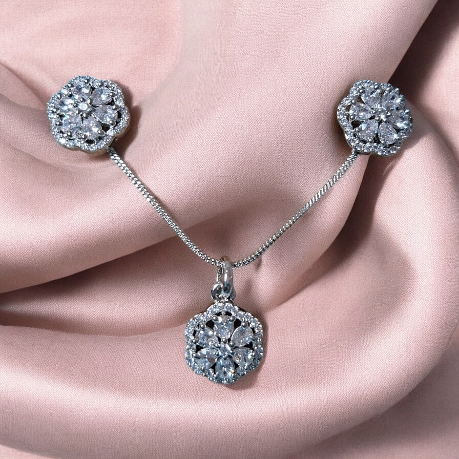 91609-PS-American Diamond Delicate Pendant Set With Rhodium Plating-Design 2