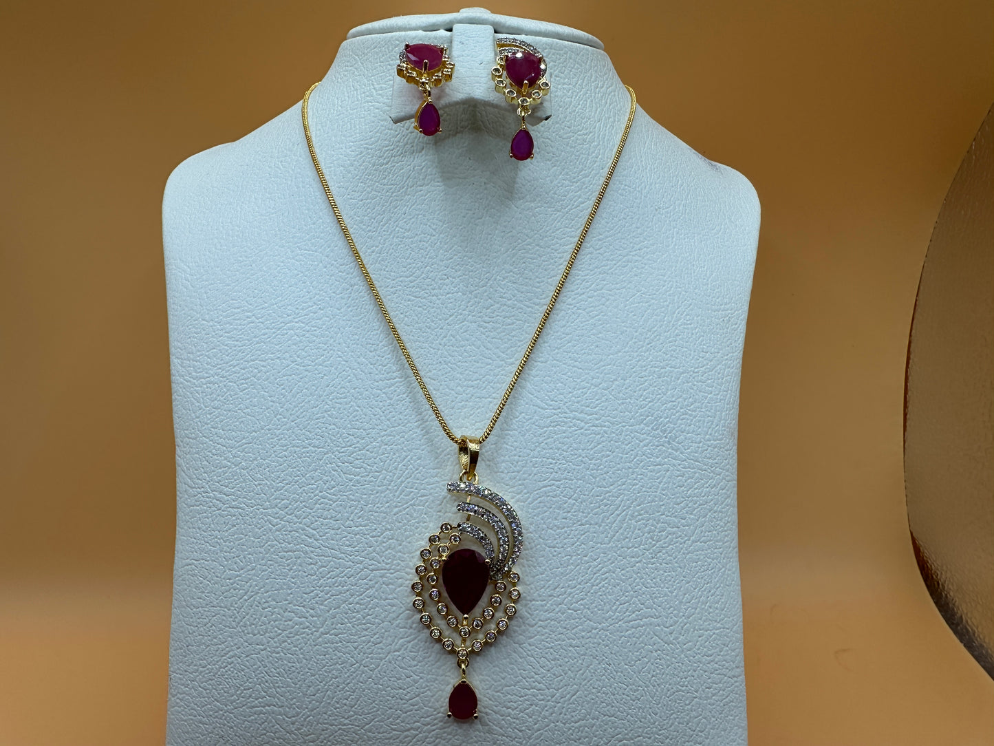 1058-American Diamond Delicate Pendant Set -Ruby