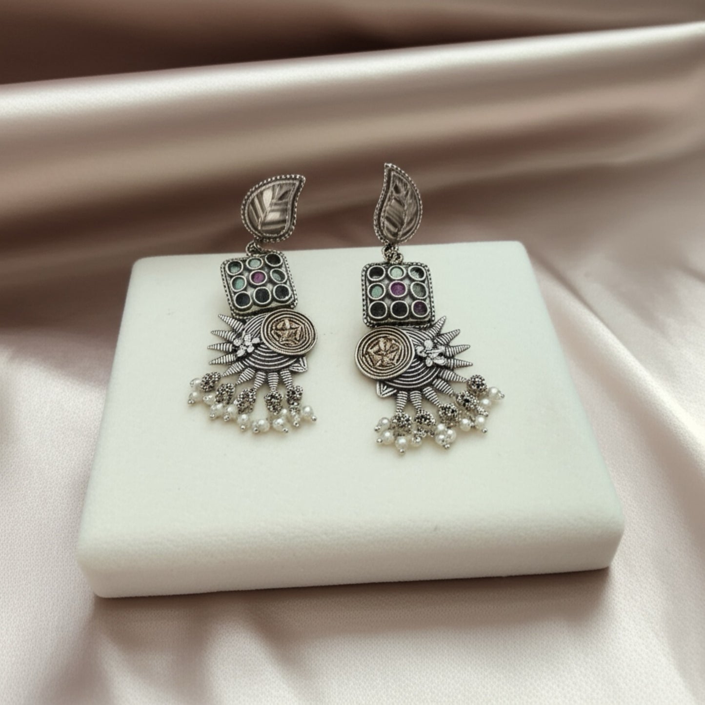 806461 Oxidised German Silver Earring With 2 Tone Plating