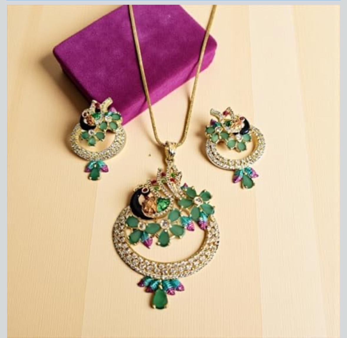 97659-PS-American Diamond Delicate Pendant Set With Gold Plating with Meenakari Green - Ruby