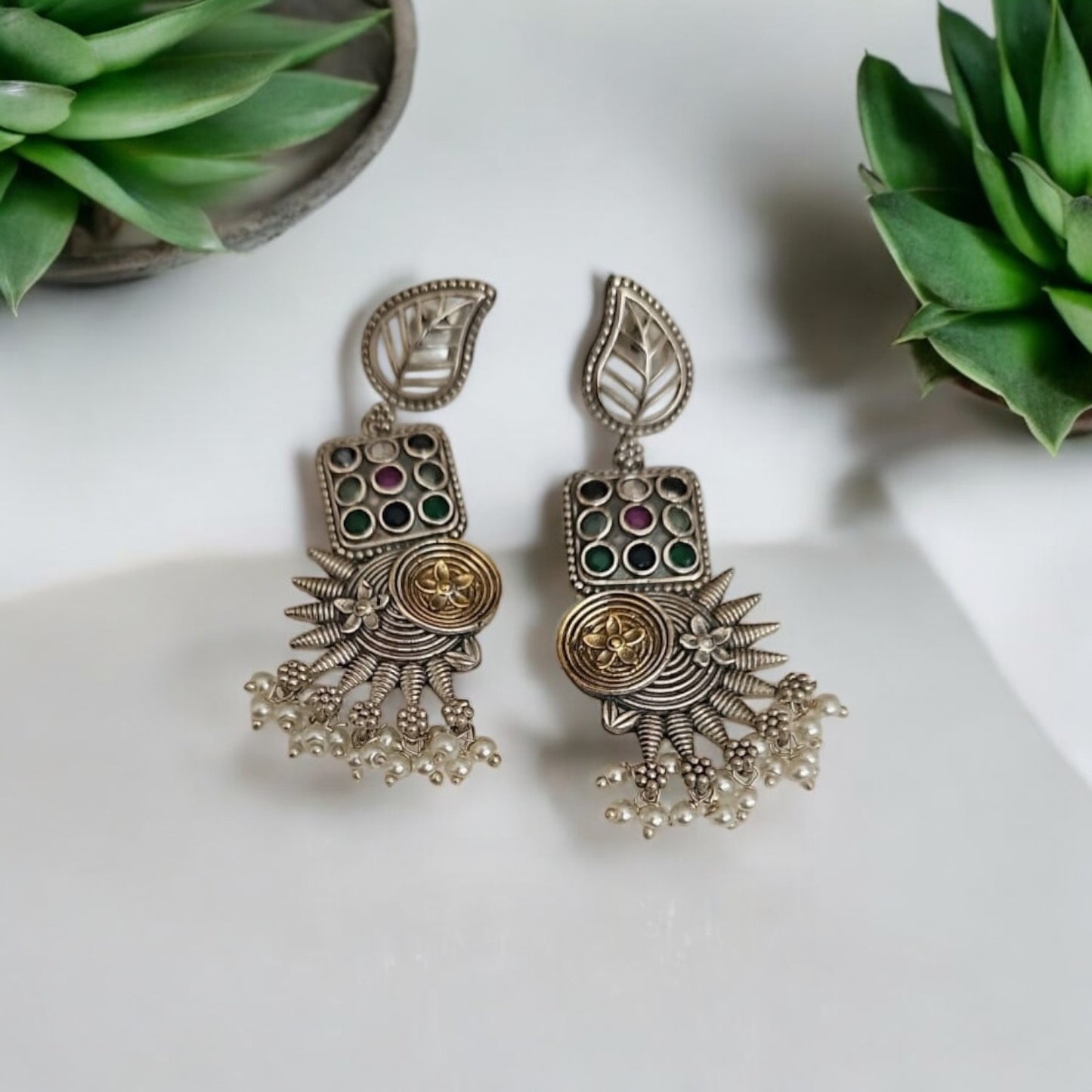 806461 Oxidised German Silver Earring With 2 Tone Plating