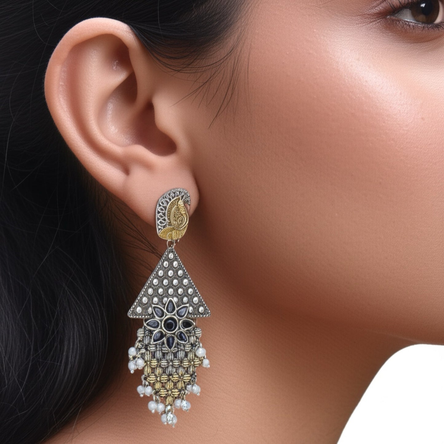 803600 Oxidised Peacock Earring With 2 Tone Plating-Black