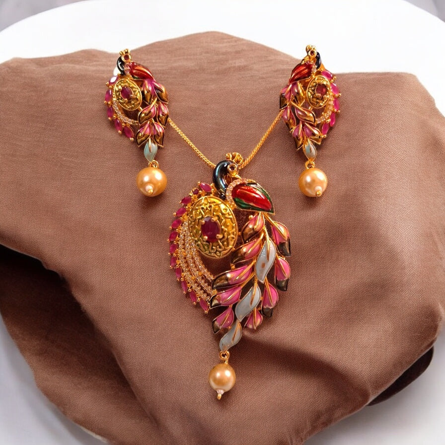 96409-PS-American Diamond Delicate Pendant Set With Gold Plating with Meenakari