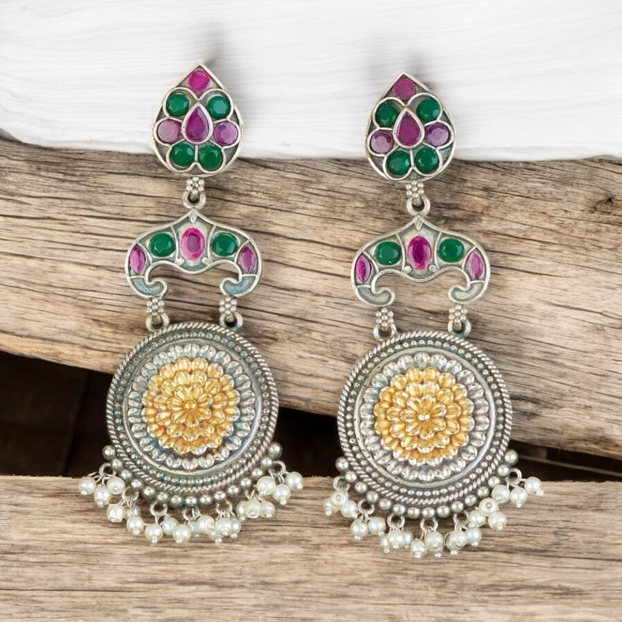 804551 Oxidised Classic Earring With 2 Tone Plating-Multi