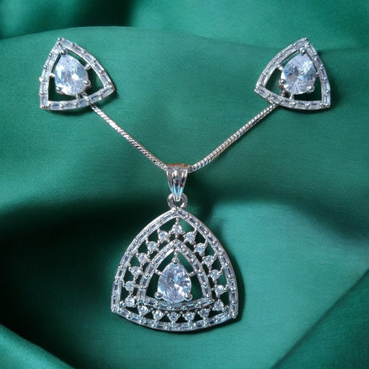91909-PS-American Diamond Delicate Pendant Set With Rhodium Plating-Design 1