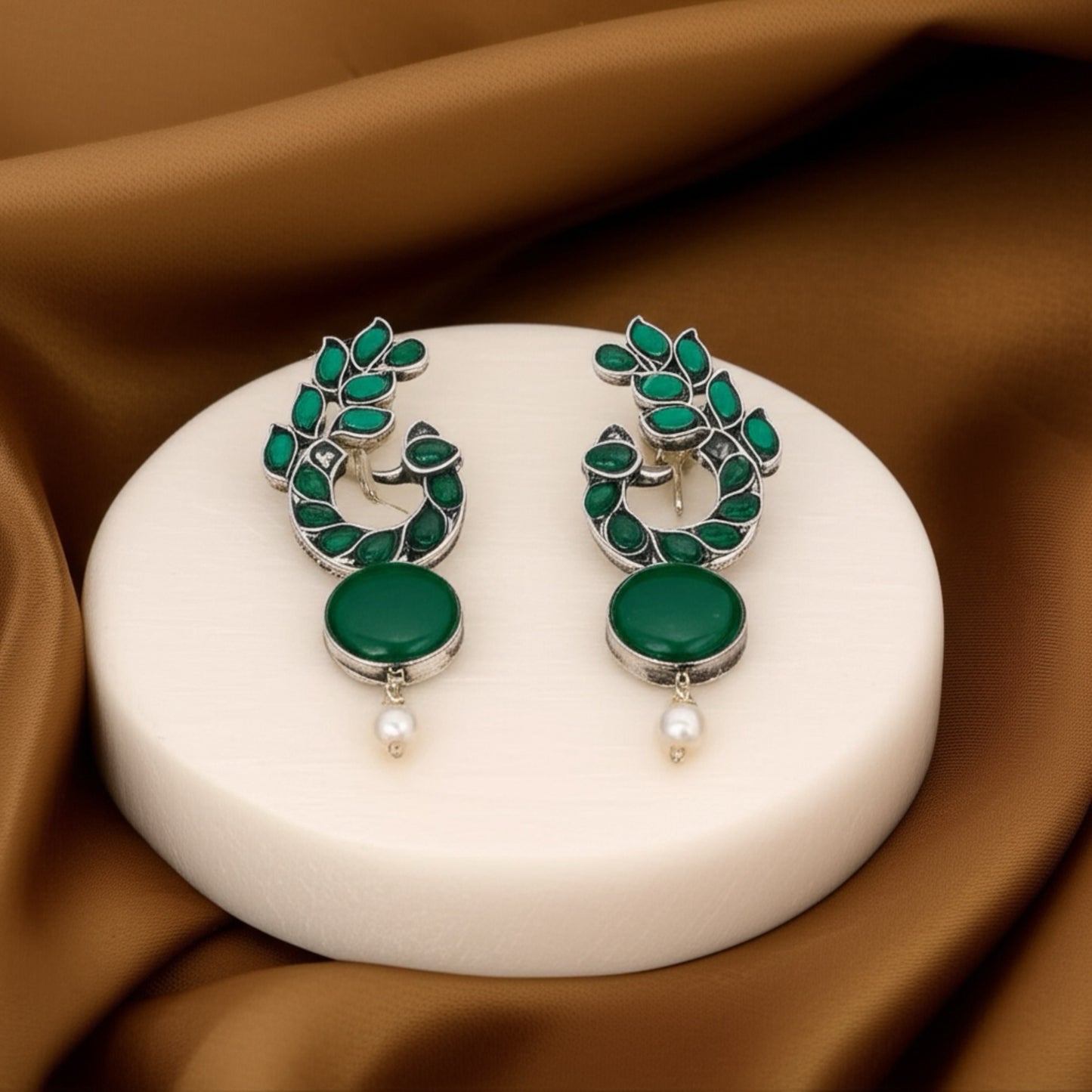 806913 Peacock Jhumki With Oxidised Plating-Green
