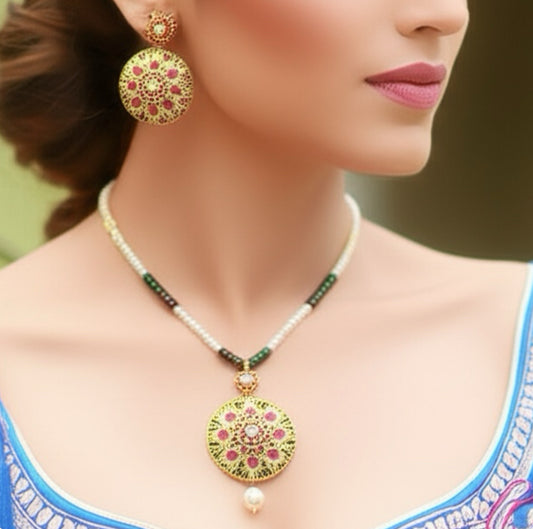 MJ-PS-912009-Jadau Pendant Set 1gm 24K Gold Plating