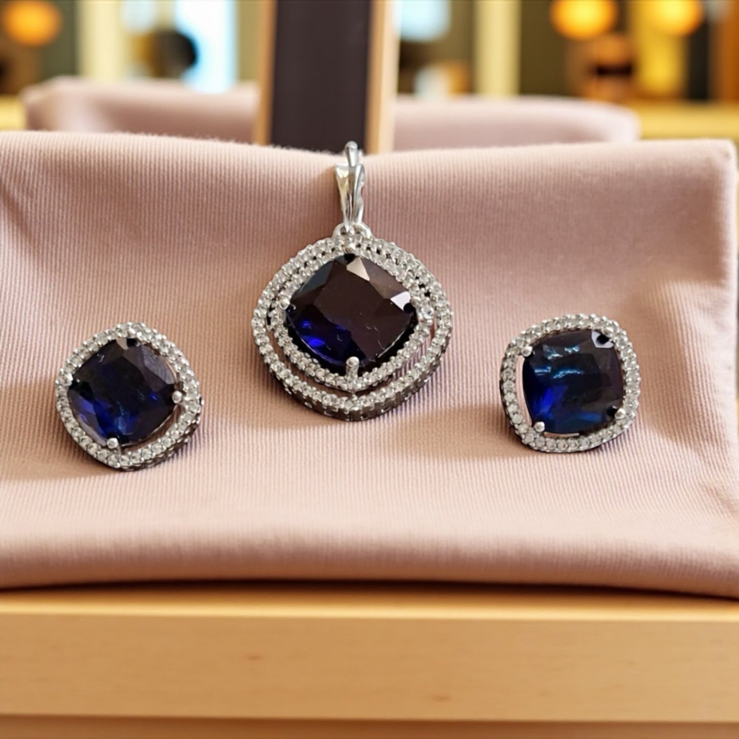 436101-American Diamond Delicate Pendant Set With Rhodium Plating-Blue