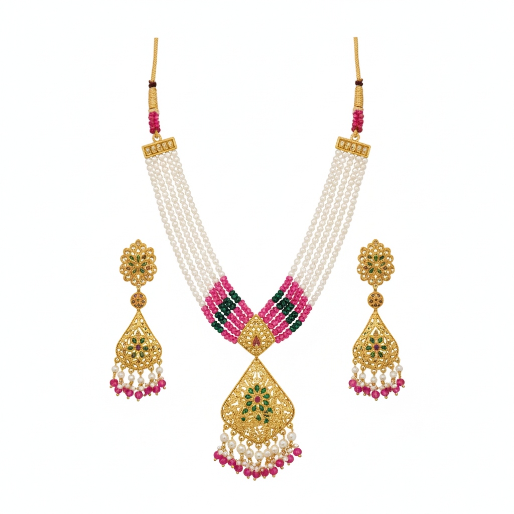 MJ-NS-922009 - Jadau Neckles Set Choker 1gm 24K Gold Plating-Pink