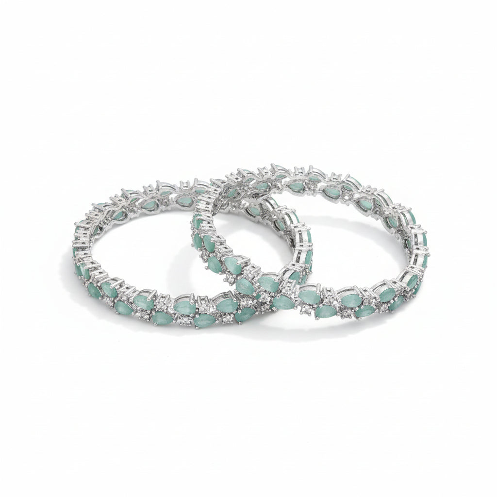 437284-Pretty Precious Rodhium-Plated Cubic Zirconia/American Diamond Traditional Bangles/Bracelet Set of 2 for Women and Girls -Mint (Size 2.4)