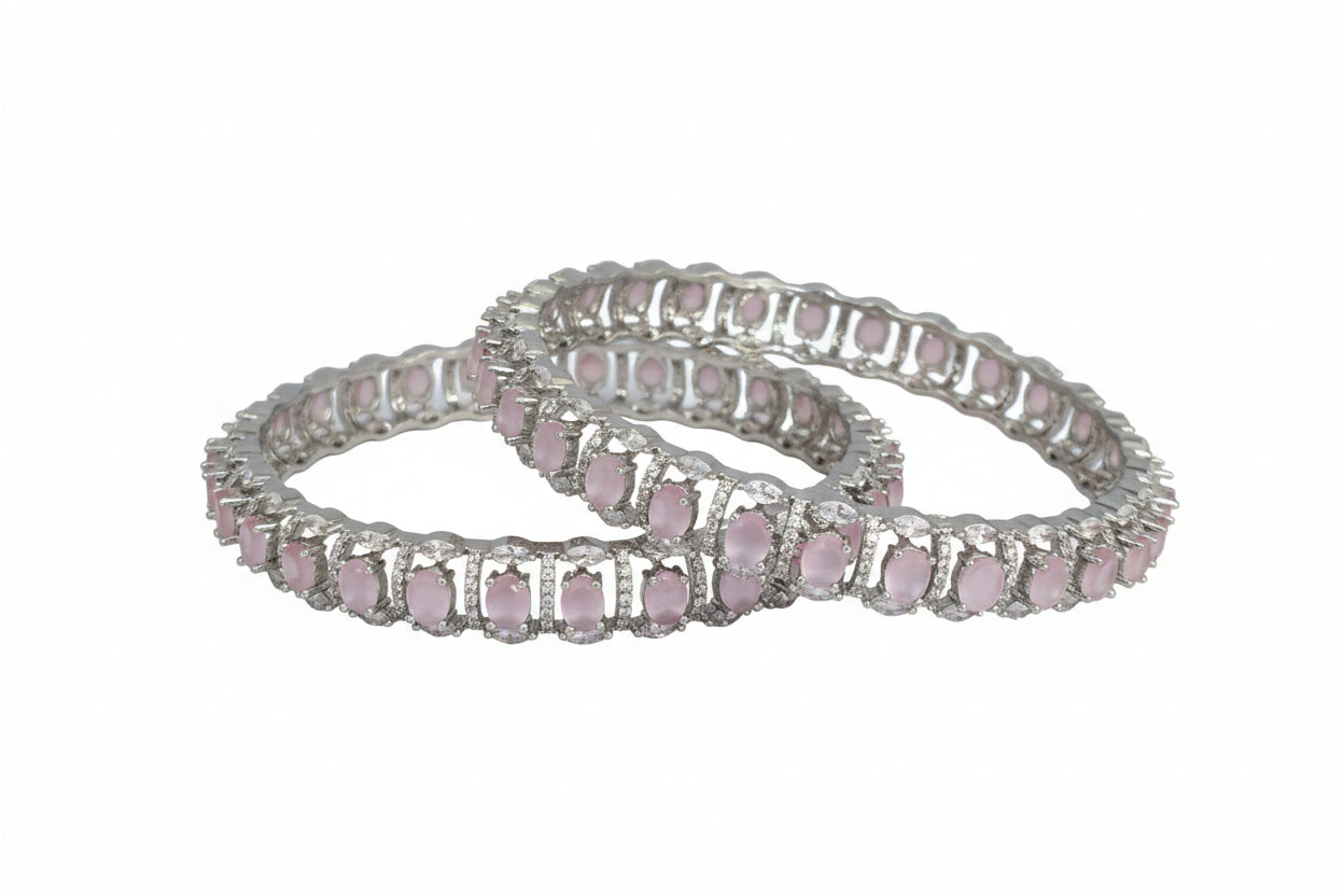 442296-Pretty Precious Rodhium-Plated Cubic Zirconia/American Diamond Traditional Bangles/Bracelet Set of 2 for Women and Girls -Pink (Size 2.4)