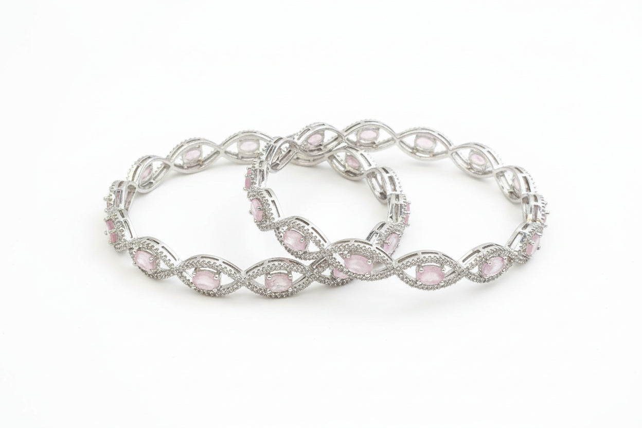 443271-Pretty Precious Rodhium-Plated Cubic Zirconia/American Diamond Traditional Bangles/Bracelet Set of 2 for Women and Girls -Pink (Size 2.8)