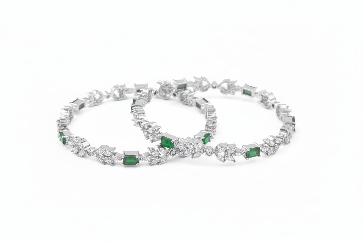 443326-Pretty Precious Gold Plated Cubic Zirconia/American Diamond Traditional Bangles/Bracelet Set of 2 for Women and Girls- Green (Size 2.4)