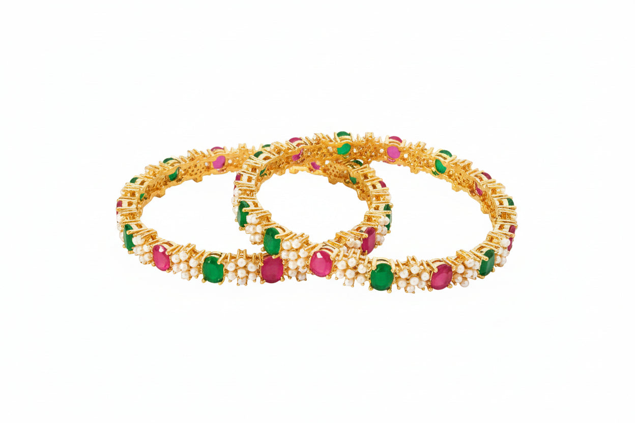 430510-Pretty Precious Gold Plated Cubic Zirconia/American Diamond Traditional Bangles/Bracelet Set of 2 for Women and Girls- Ruby Green (Size 2.4)