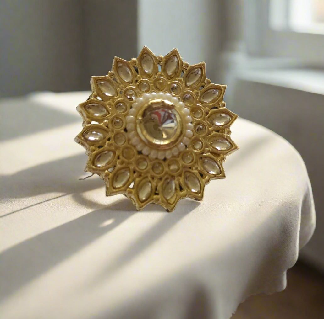 109842- Indo Western Adjustable Ring With Gold Plating-White (Copy)