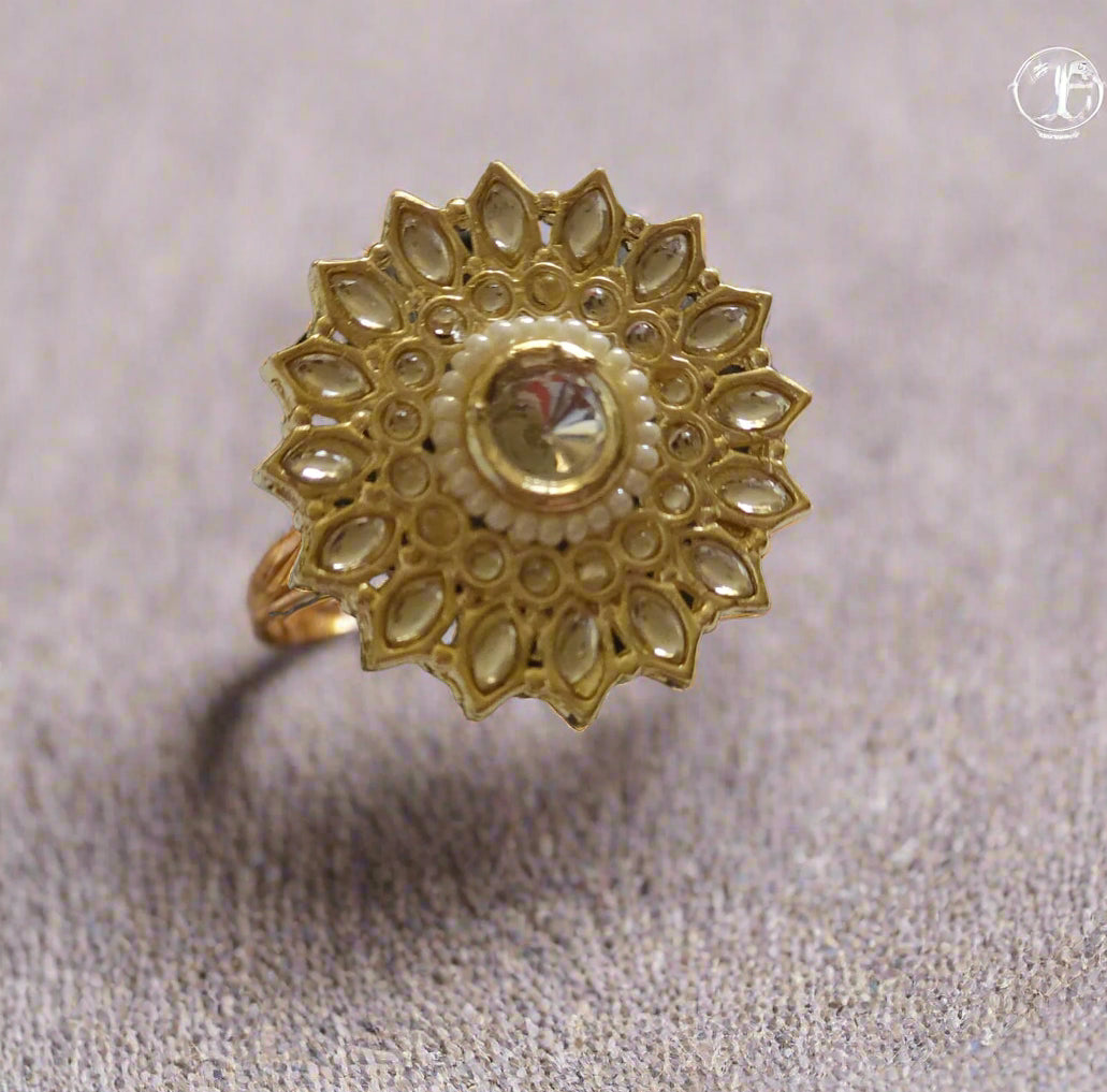 109842- Indo Western Adjustable Ring With Gold Plating-White (Copy)