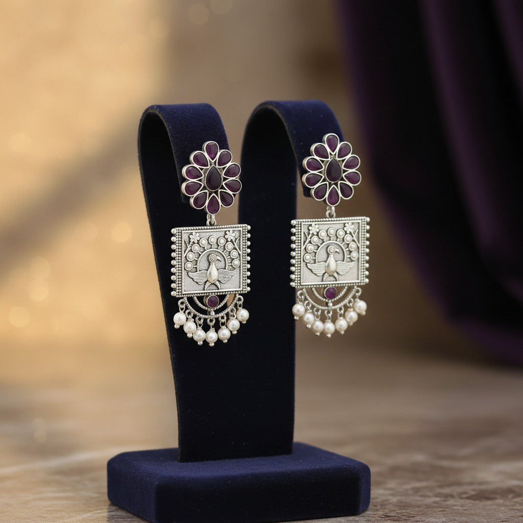 809673 Moti Earring With Oxidised Plating-Ruby