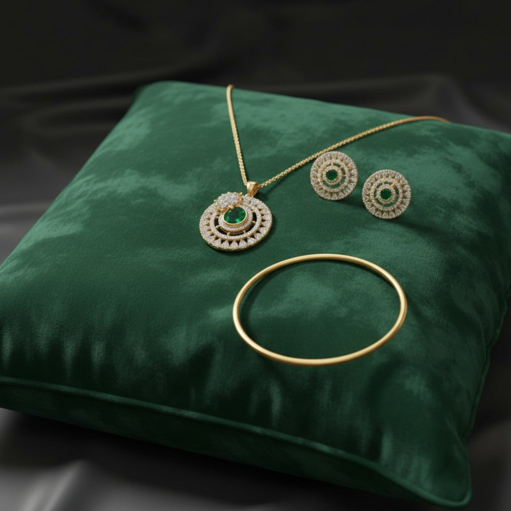 1060-American Diamond Delicate Pendant Set -Green