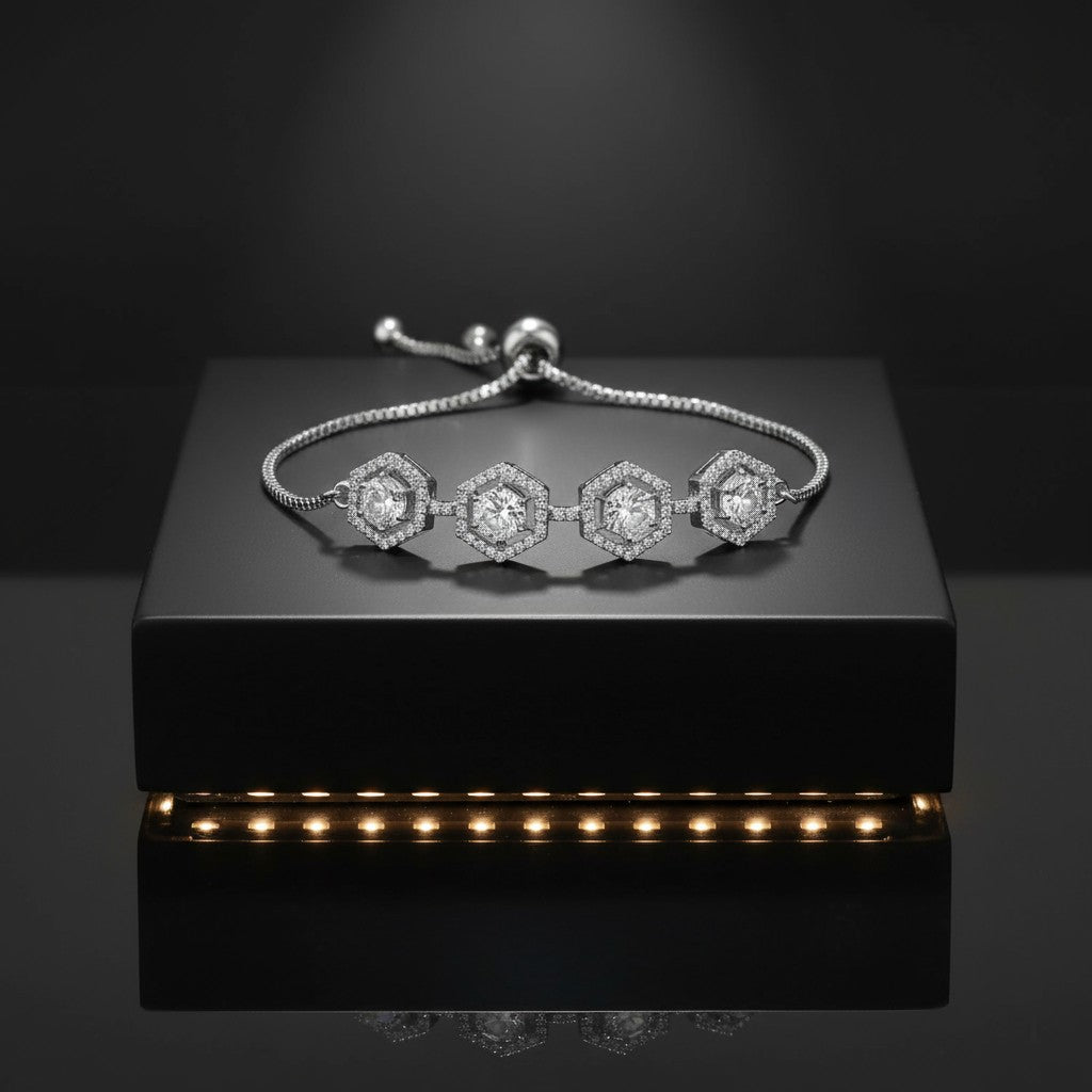 438334 Cz Adjustable Bracelet With 2 Tone Rhodium Plating-Silver