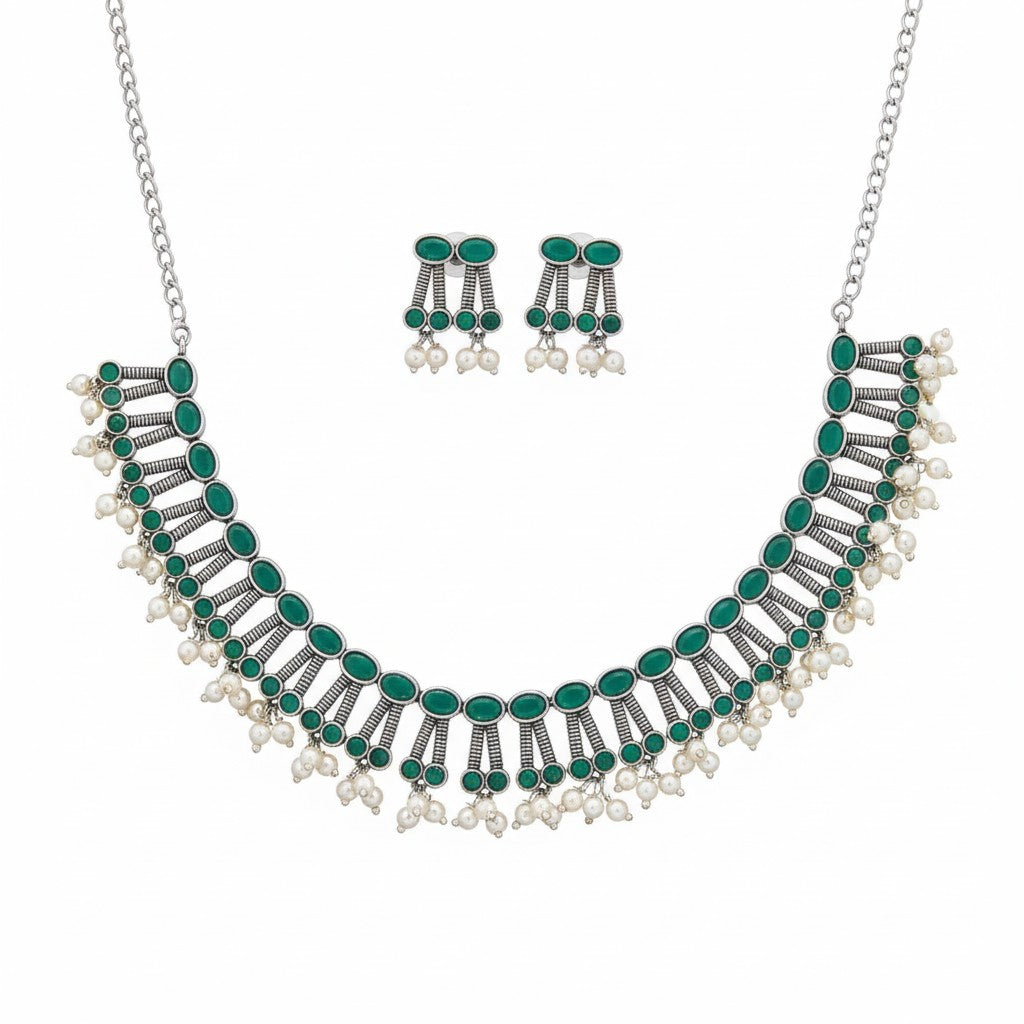 806318 Pearl Necklace With Oxidised Plating-Green